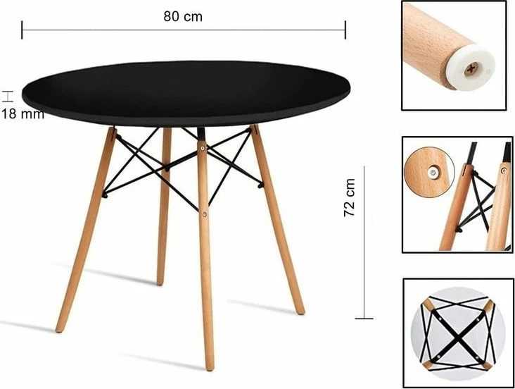 Tavolinë e rrumbullakët Mufart ETT 80cm MDF, këmbë ahu, e zezë