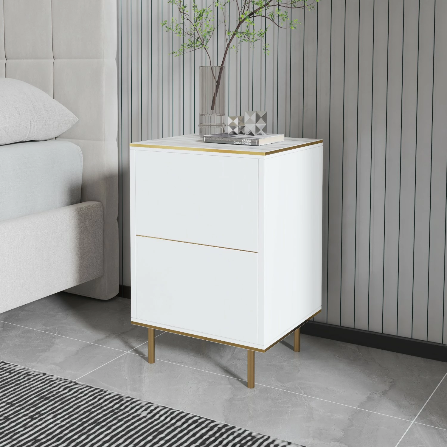 Komodinë Hanah Home, pamje mermeri, e bardhë
