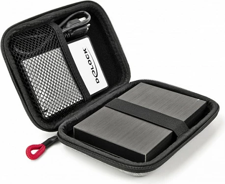 Çantë mbrojtëse për SSD/HDD 2.5" DeLOCK, me zinxhir, rezistente ndaj goditjeve, 145x100x35 mm, zezë/gri
