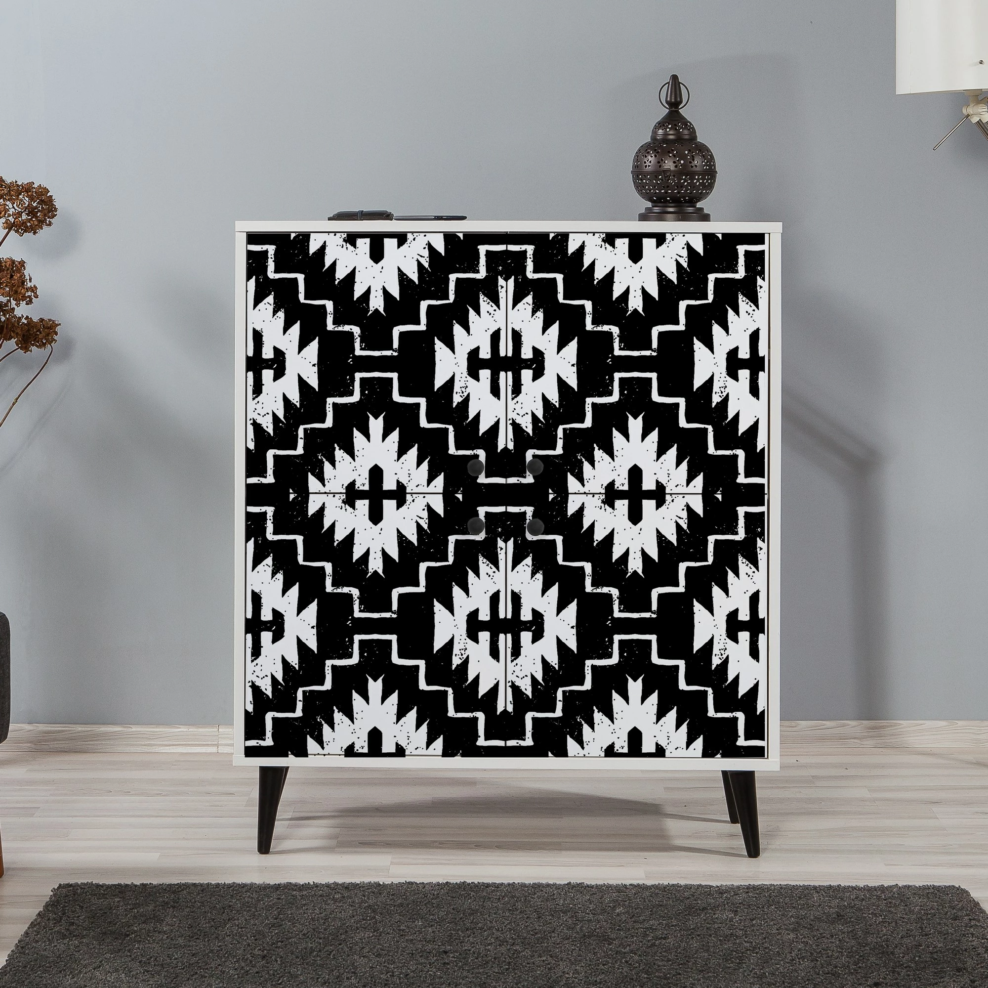 Dollap multifunksional Hanah Home, Multilüx Swan, ngjyrë bardhë/zi, model abstrakt, 95x111x36 cm