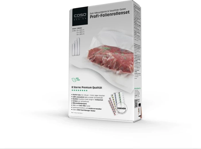 Set folie për vakum CASO 1231, 3 rrotulla (20×600 cm, 25×600 cm, 30×600 cm), 150 µm, për Sous Vide, transparente, set 3 copë