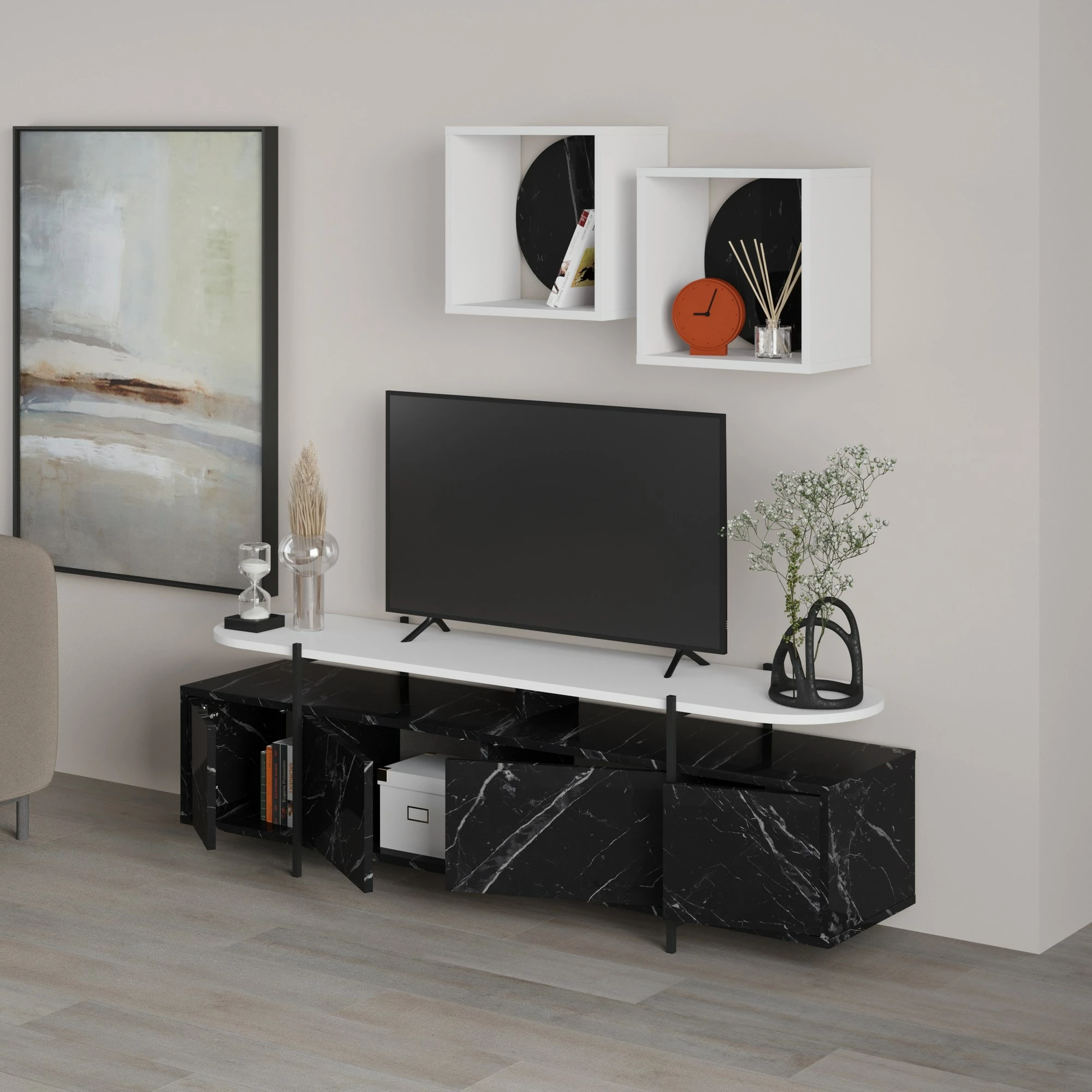 Komodë TV Skye Decor, Hanley - Bendir, e bardhë dhe e zezë