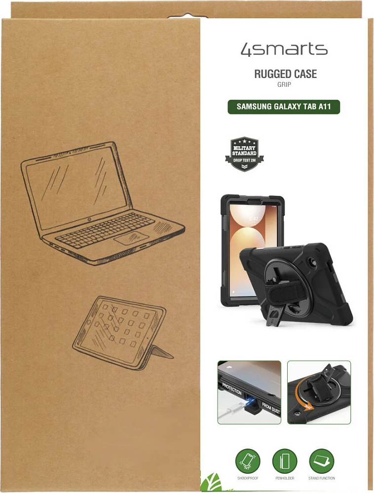 Mbështjellës rugged 4smarts Grip për Samsung Galaxy Tab A11, 8.7", me rrip dore dhe stand, i zi
