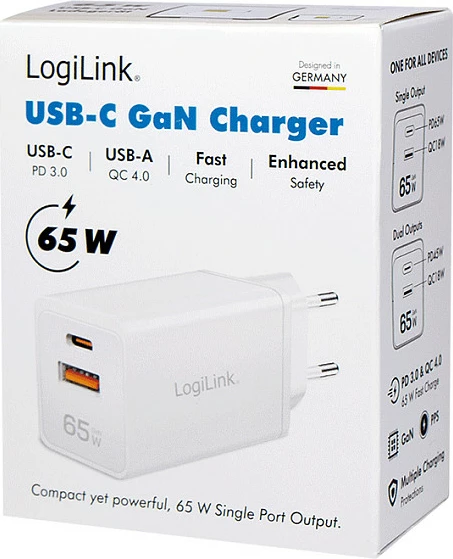 Karikues LogiLink 65W GaN, USB-A QC + USB-C PD, i bardhë