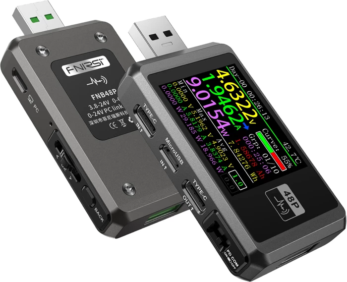 Tester USB FNIRSI FNB48P, 4–24 V, 0–6.5 A, 0–156 W, ekran 1.77\", i zi