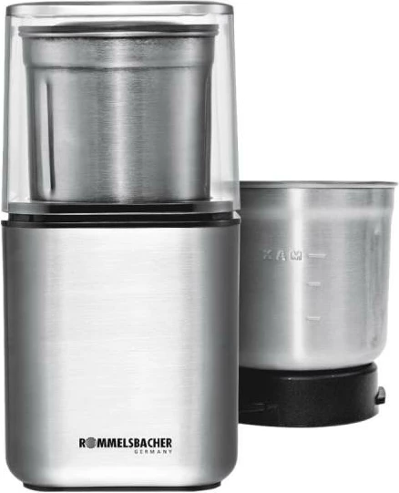 Mulli kafeje dhe erëzash, Rommelsbacher EGK 200, 2 enë çeliku inox, kontroll me puls, 240 x 125 x 125, argjendtë