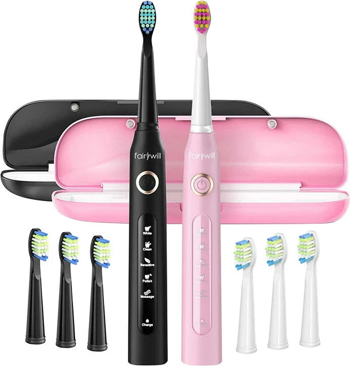 Furça dhëmbësh sonike FairyWill FW-507 set, 2 copë, me kuti udhëtimi, e zezë dhe rozë