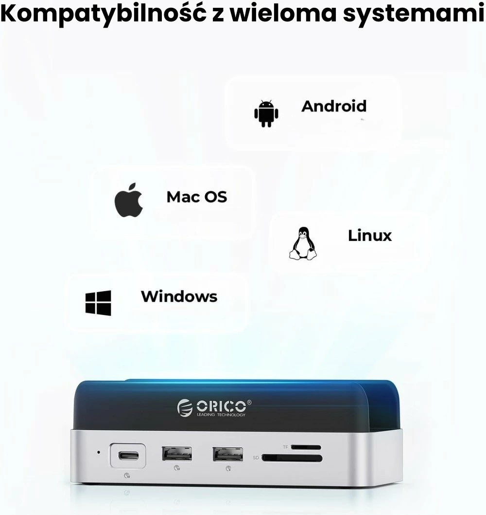 Docking station Orico MiniDock për Mac Mini M4, USB-C 10Gbps, me strehë M.2 NVMe/NGFF, HDMI 4K@60Hz, LAN, SD/microSD, PD 100W, vertikale, silver