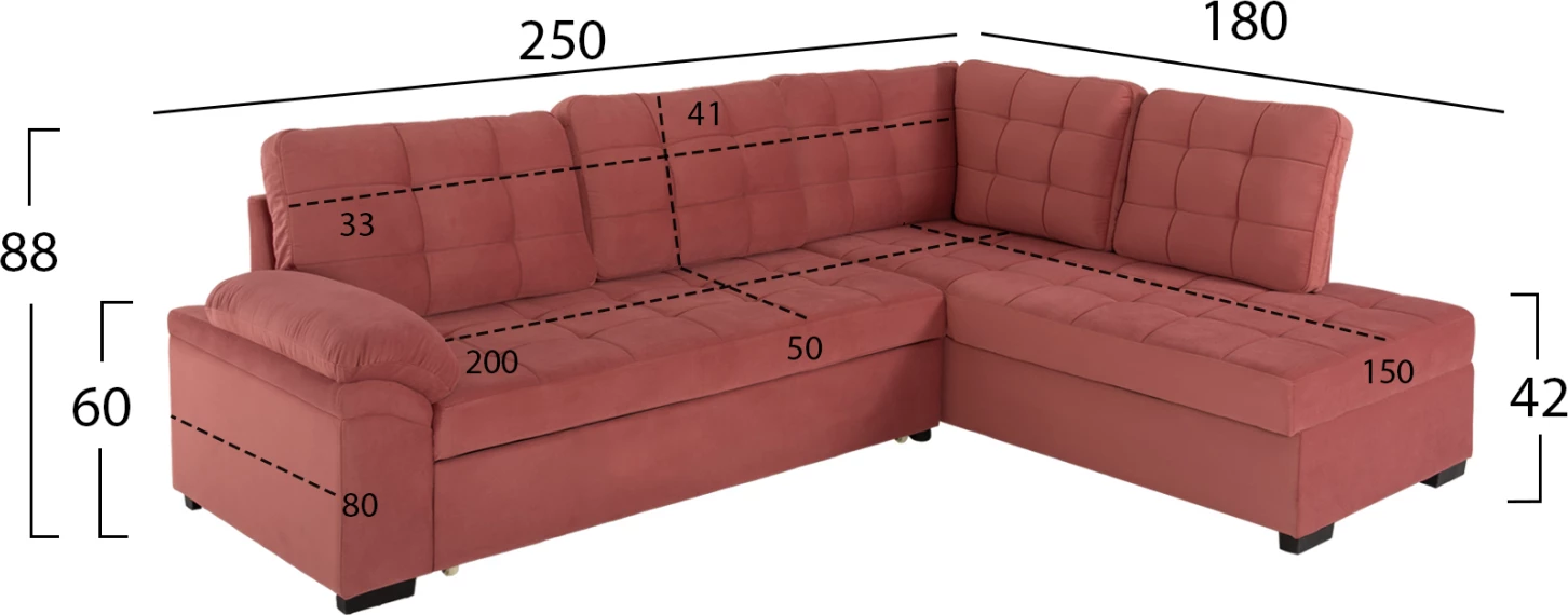 Kënd divan shtrat JADE FH3144.03R kadife rozë e zbehtë 250x80-180x73-88H cm