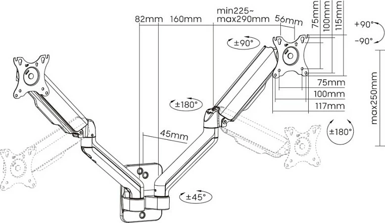 Mbajtëse muri për monitor EQUIP, 2x 17-32", VESA 75x75/100x100, rrotullim 180°, 9 kg për ekran, e zezë