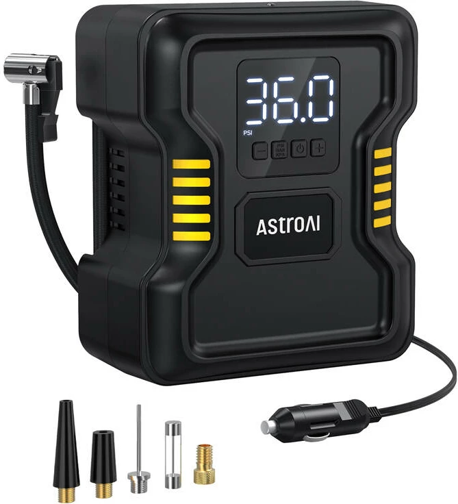 Kompresor ajri portativ AstroAI JY21P160-12, 150 PSI, 120W, me ekran dixhital dhe dritë LED, i zi