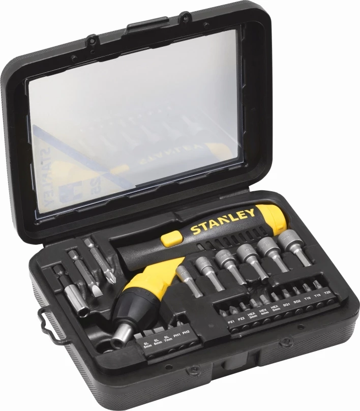 Set kaçavidash me dorezë ratchet Stanley 0-63-022, 22 copë, e verdhë/e zezë