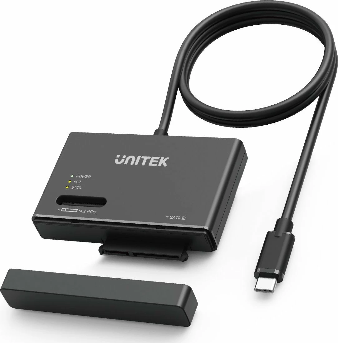 Adapter USB-C për disqe SATA & M.2 NVMe Unitek S1232A01-EU 10Gbps, i zi, me furnizues 24W
