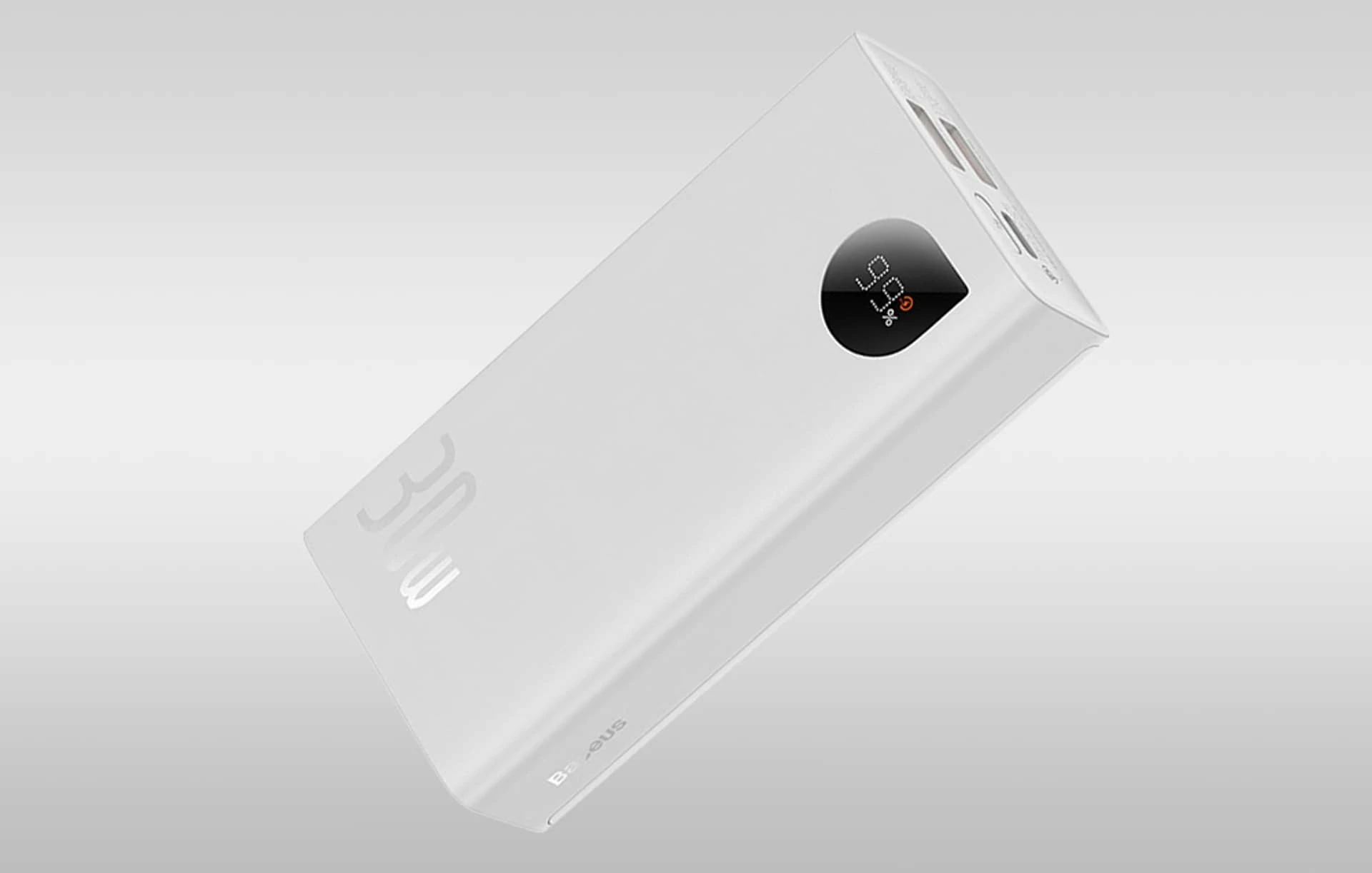 Powerbank Baseus Adaman2 10000mAh 30W PD me display, 3 porta, me kabllo USB-C 30cm, i bardhë