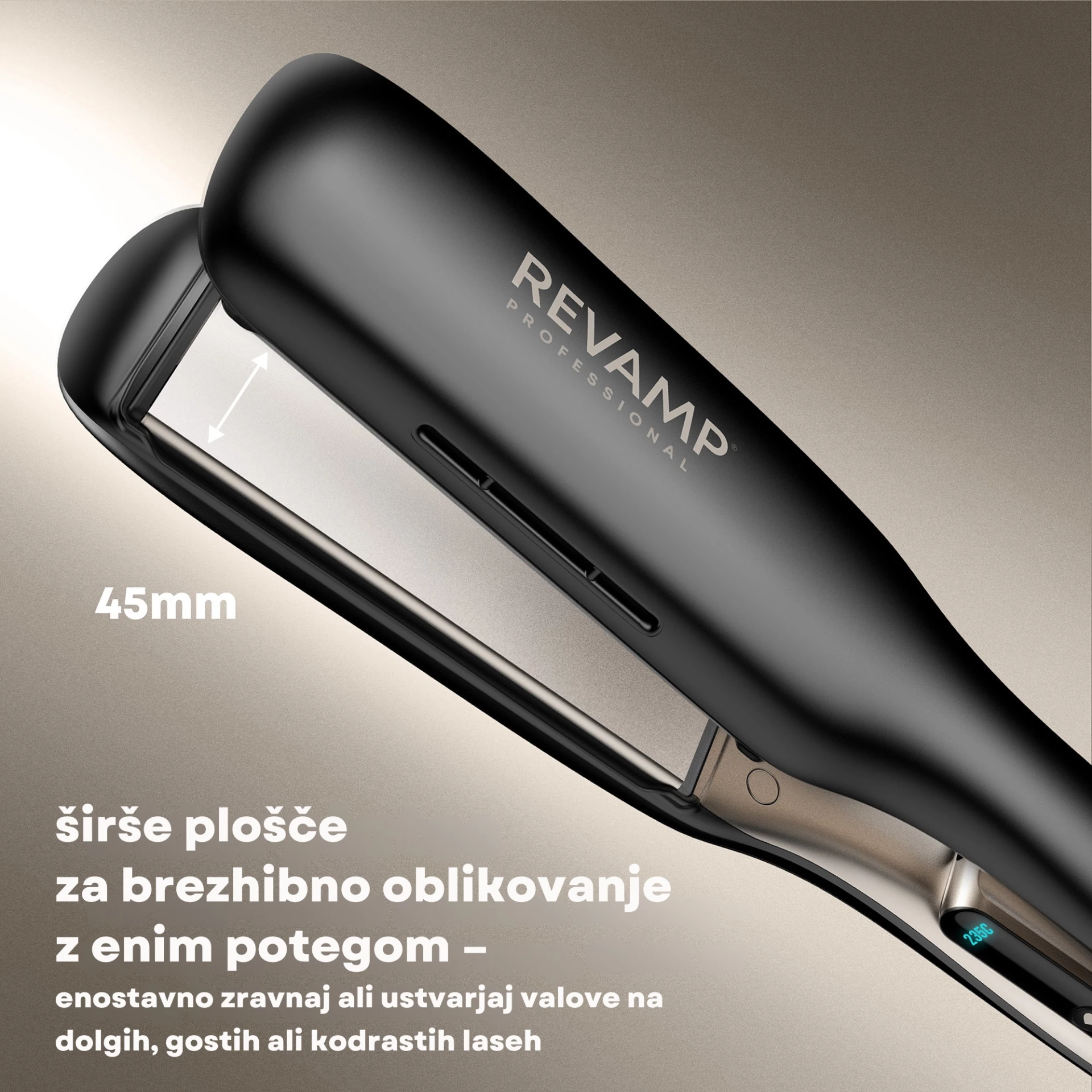 Drejtues flokësh Revamp Enigma Wide Ionic Radiance ST-3000, pllaka 45 mm, 130–235°C, LCD, i zi, me mat silikoni