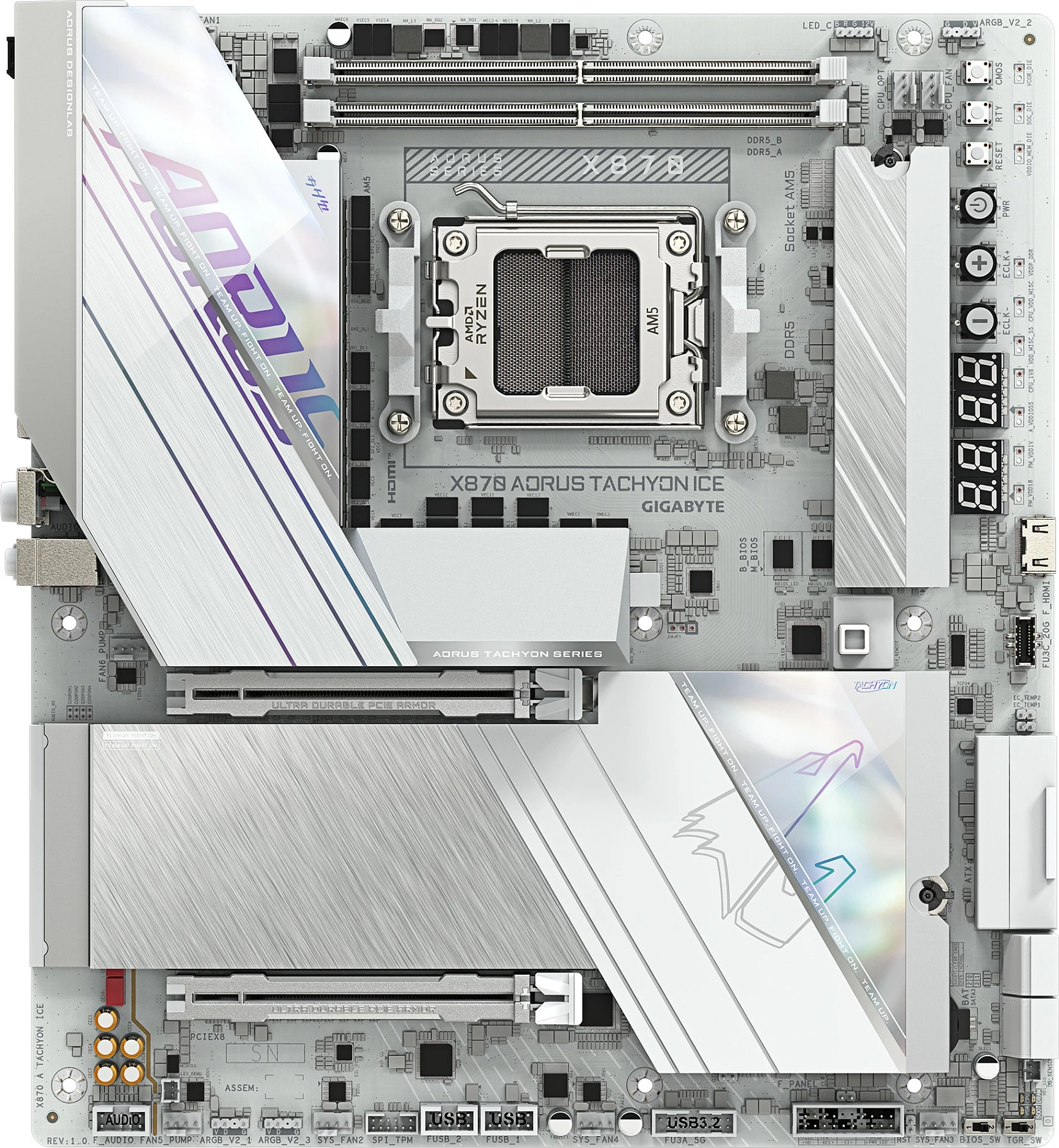 Pllakë amë Gigabyte X870 AORUS TACHYON ICE, Socket AM5, DDR5 9600 (OC), Wi‑Fi 7, 5GbE, e bardhë/argjendtë