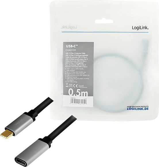 Kabllo zgjatëse USB-C LogiLink USB 3.2 Gen2, C mashkull në C femër, 0.5 m, 10 Gbps, 100W, 4K, zi/gri