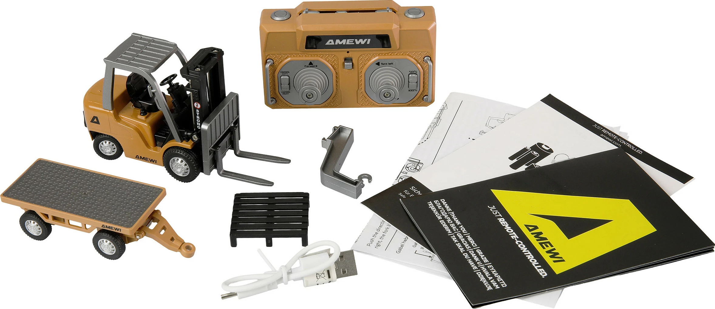 Forklift me telekomandë AMEWI Mini-Gabelstapler 1:64 RTR, me rimorkio, 8-kanalësh, 2.4 GHz, zi/gri/verdhe