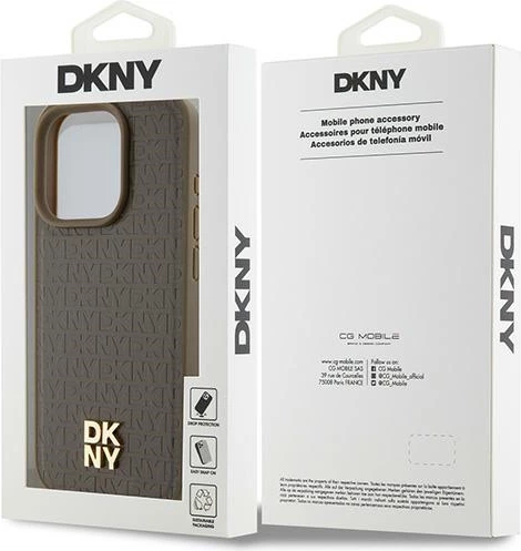 Mbështjellës DKNY Leather Pattern Metal Logo MagSafe për iPhone 14 Pro, kafe