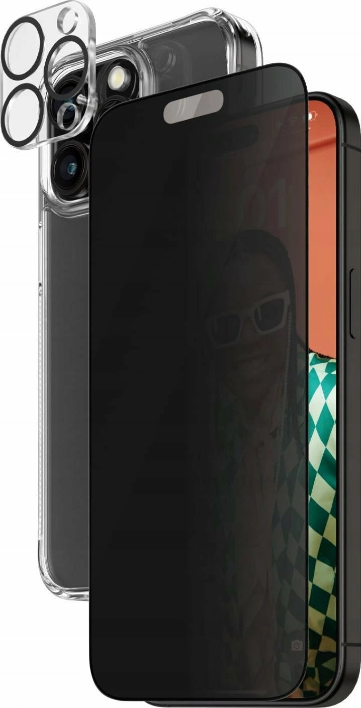 Set mbrojtës 3-në-1 PanzerGlass Privacy për iPhone 15 Pro Max, transparent, paketë 3 pjesë