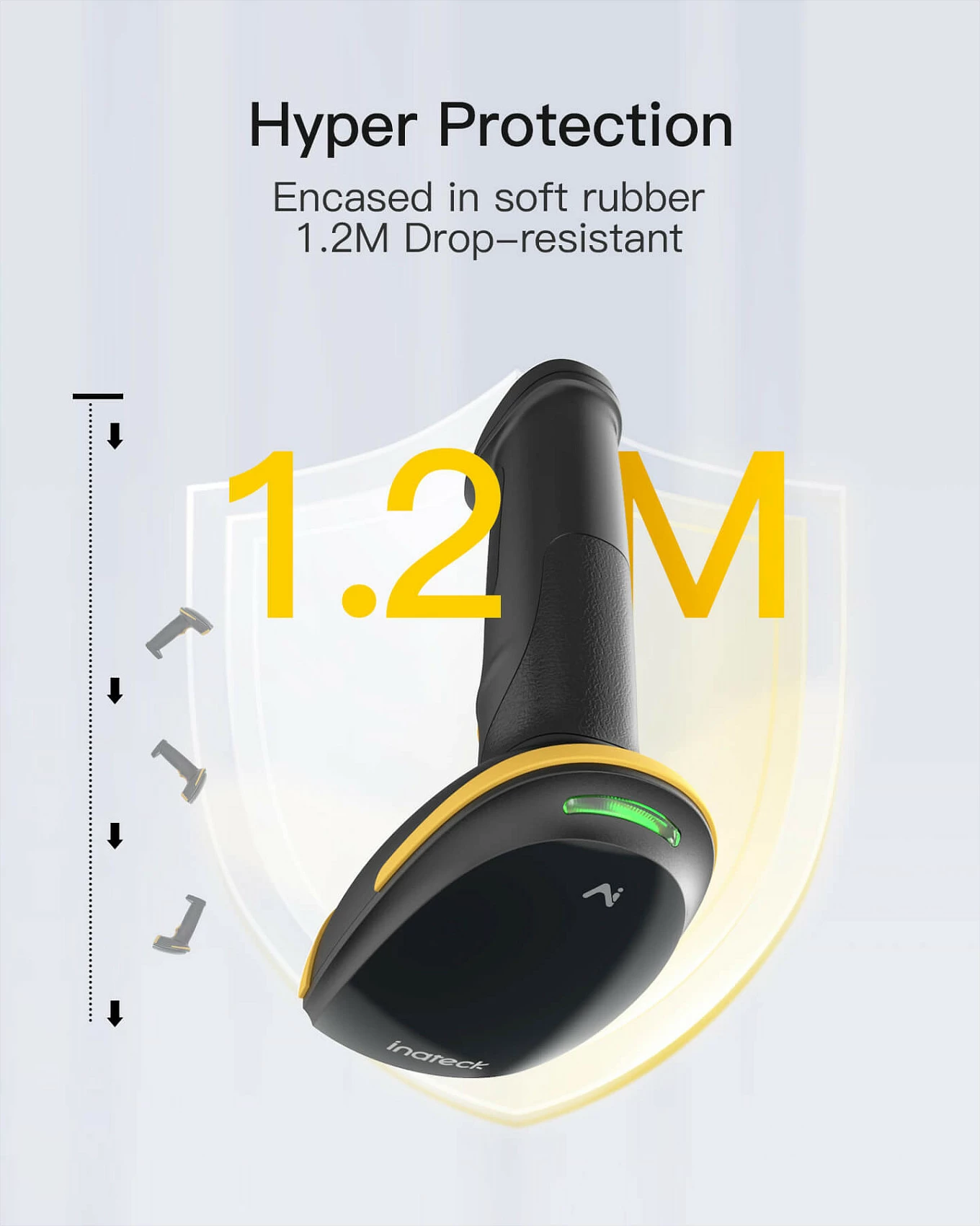 Skaner barkodi Inateck BCST-21-AI, 1D laser, Bluetooth/USB, bateri 2000mAh, zi/verdhë
