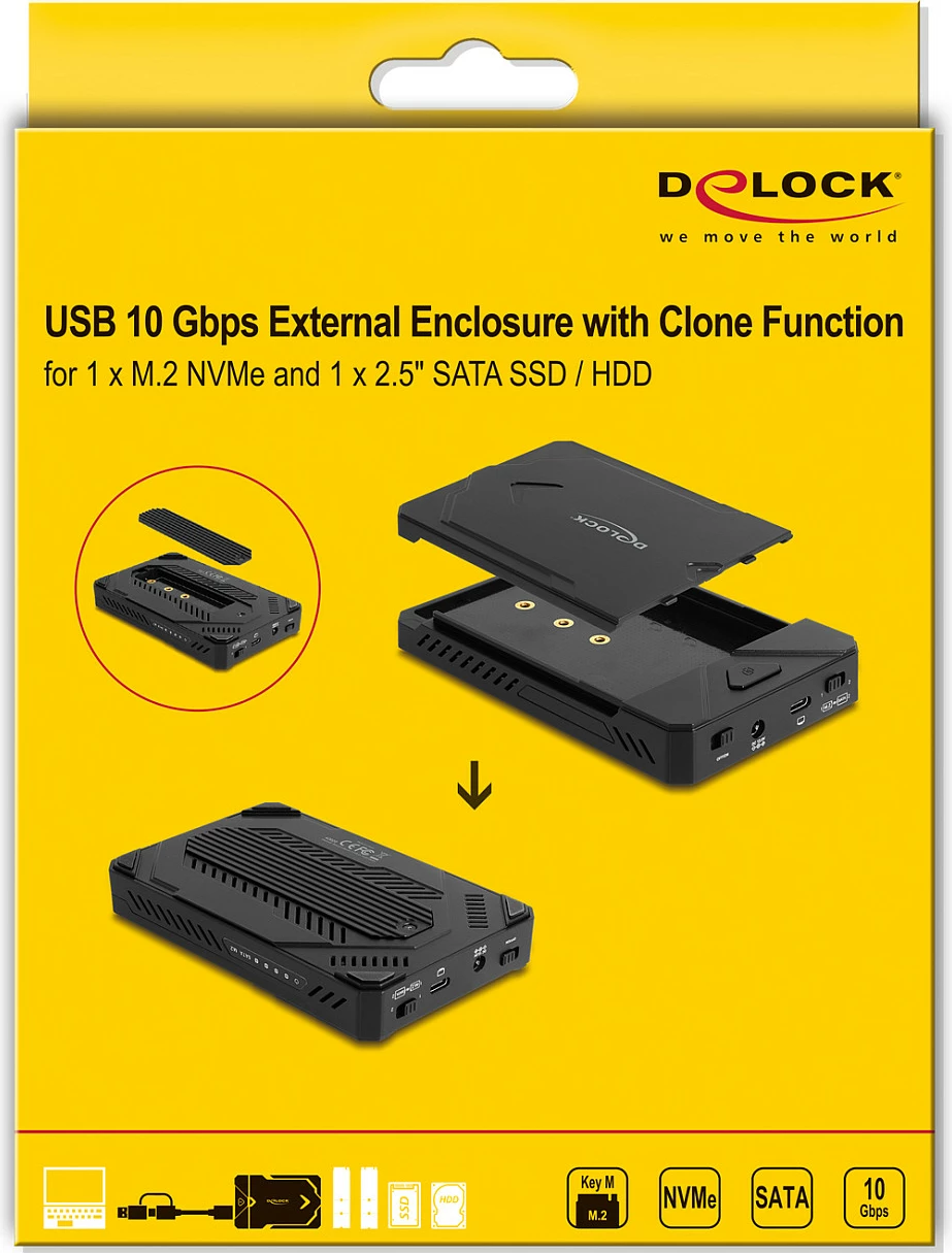 Kuti eksternë USB-C DeLOCK për M.2 NVMe dhe 2.5" SATA, Clone, 10 Gbit/s, e zezë