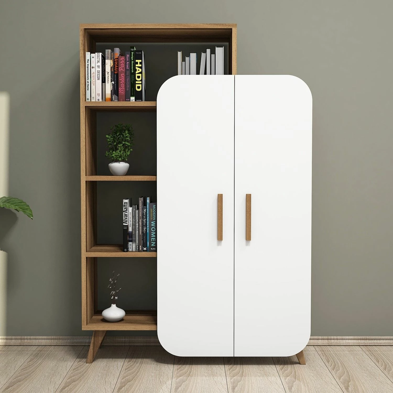 Raft librash Hanah Home, formë moderne, ngjyrë arrë dhe e bardhë