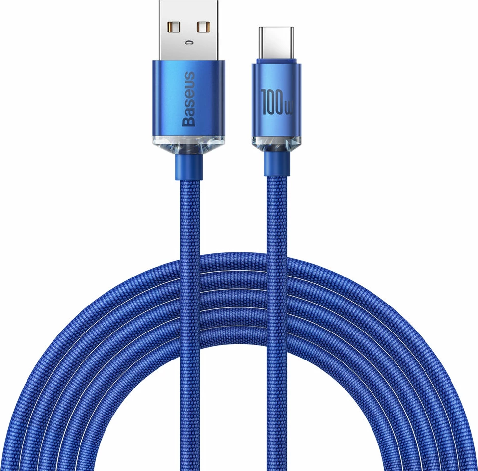 Kabllo i shpejtë Baseus Crystal Shine, 2m, USB-A në USB-C, 100W, Kaltër