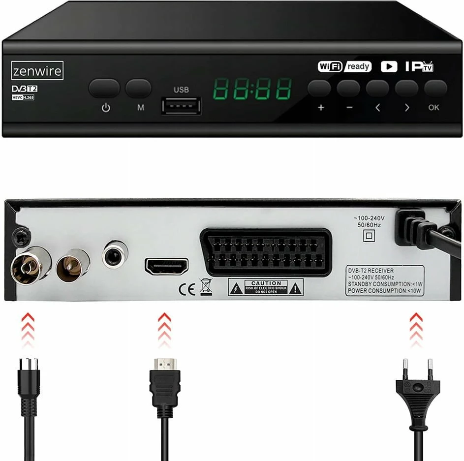 Dekoder DVB-T2 Zenwire 001 H.265/HEVC Full HD, i zi, set me telekomandë