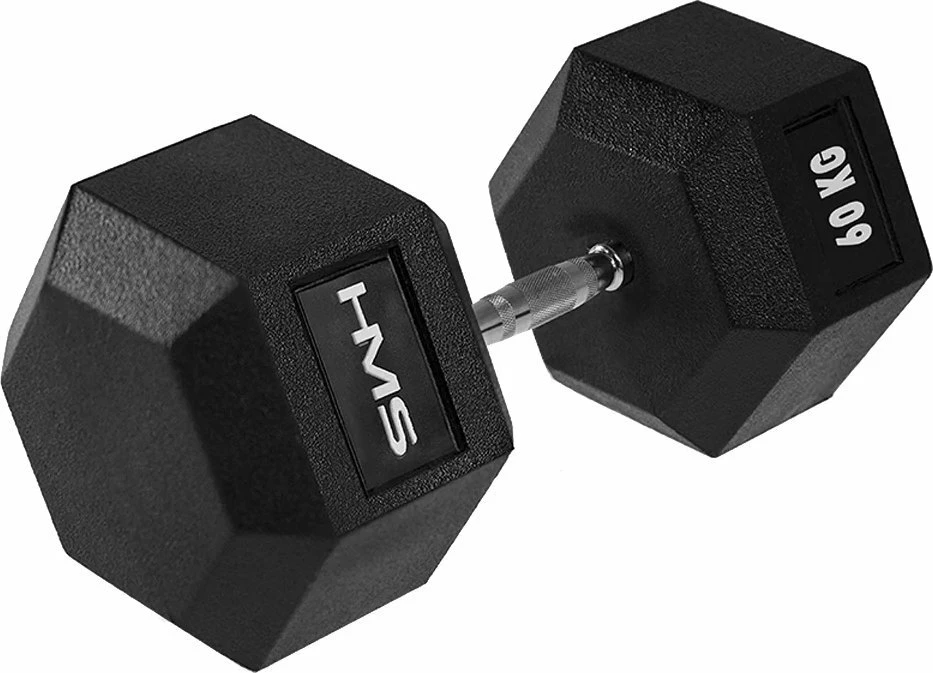 Hantel HMS HEX PRO 60 kg, e veshur me gomë, heksagonale, e zezë, 1 copë