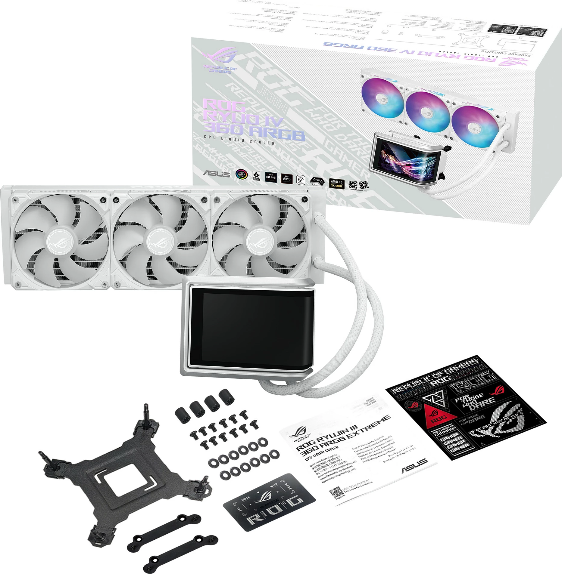 Ftohës uji AIO ASUS ROG RYUO IV 360 ARGB, 3x120mm, ekran AMOLED 6.67", i bardhë
