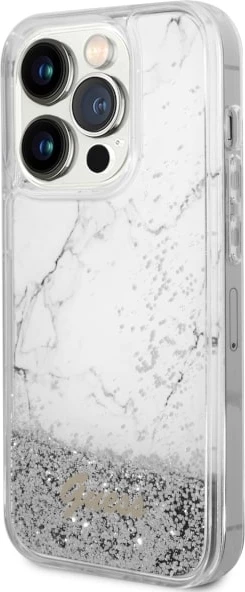 Mbështjellës Guess Liquid Glitter Marble për iPhone 14 Pro 6.1", i bardhë