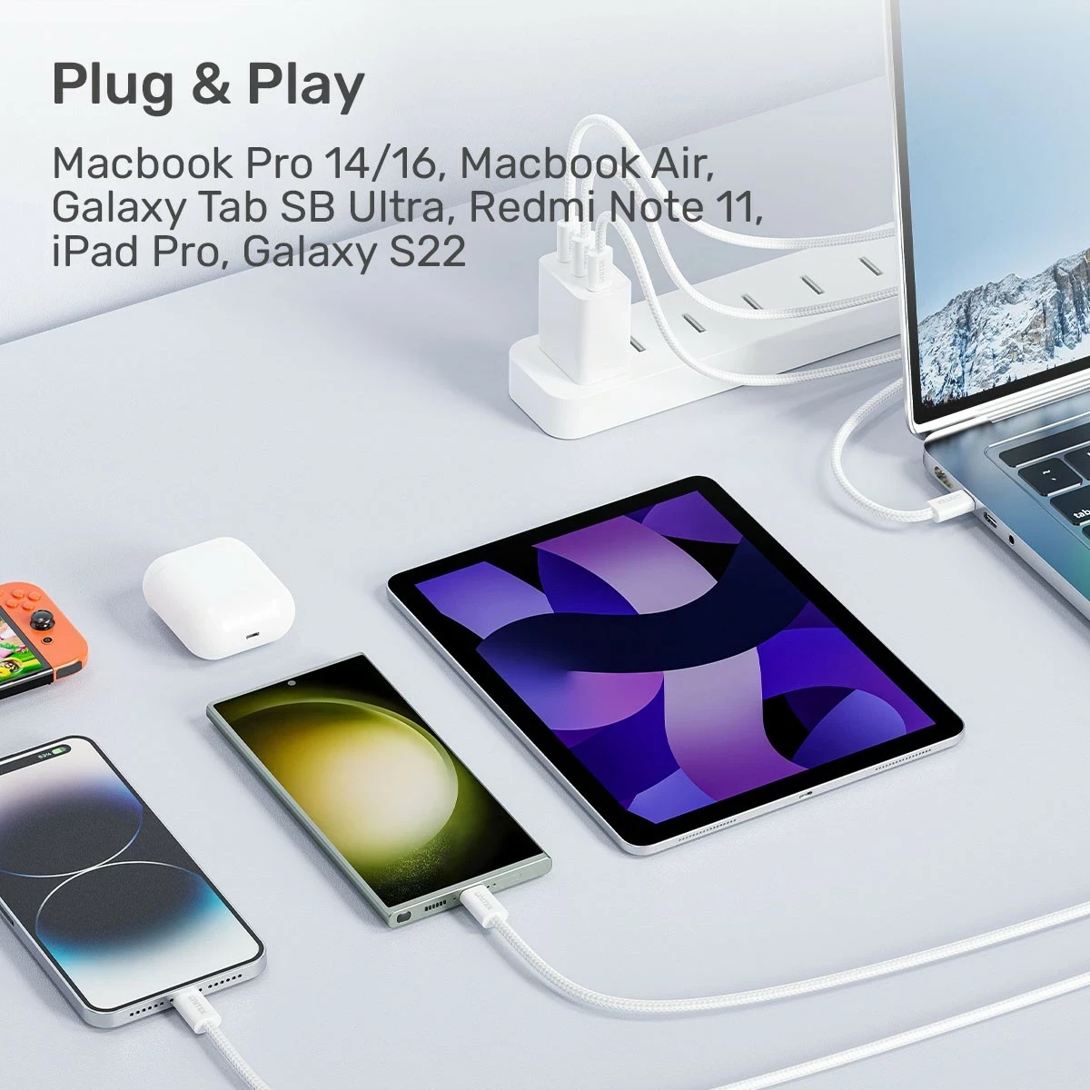 Kabëll Unitek USB-C PD 100W, 1m, bardhë