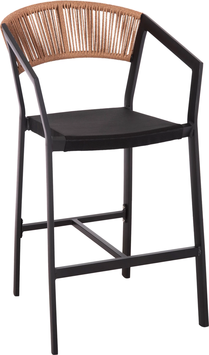 Karrige për bar alumini, ngjyrë zezë, FH5892.15, lartësi mesatare, tekstilene e zezë dhe ratan bezhë, 56.5x57x99.5H cm