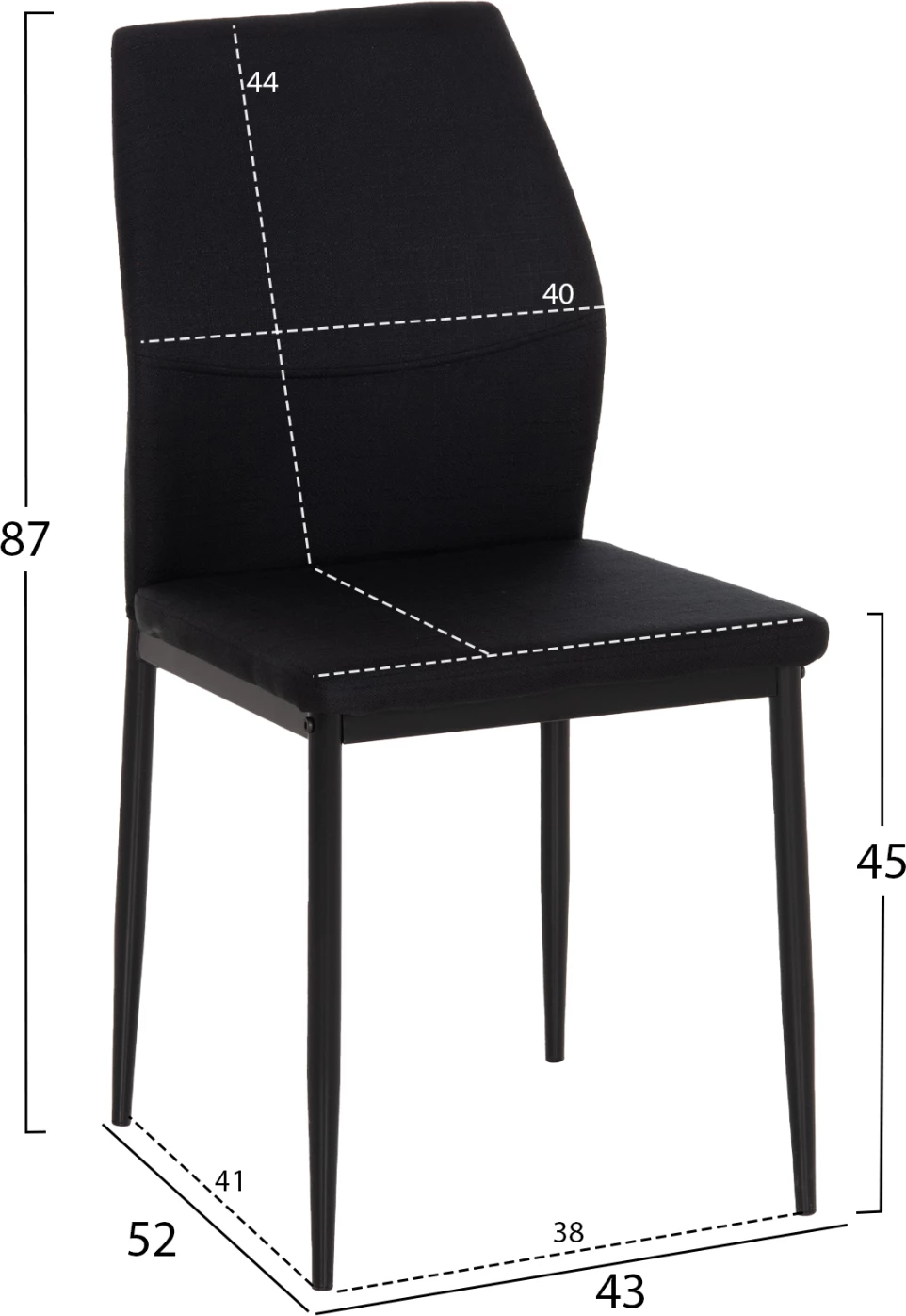Karrige ngrënie DIAZ FH18346.02, set prej 4 copash, material tekstili i zi & këmbë metali, 41.5x52x87cm