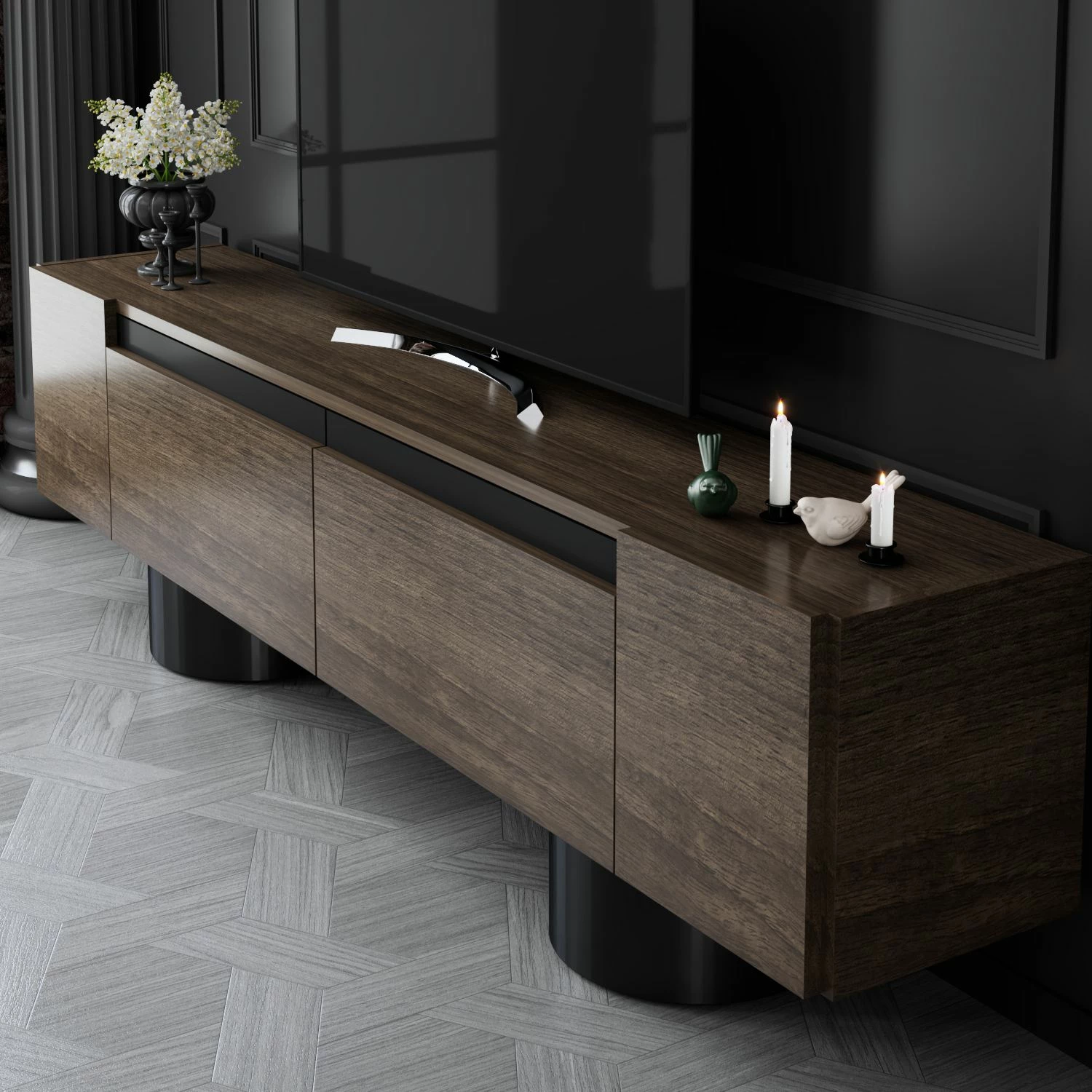 Komodë TV Skye Decor, bohem, ngjyrë arre dhe e zezë