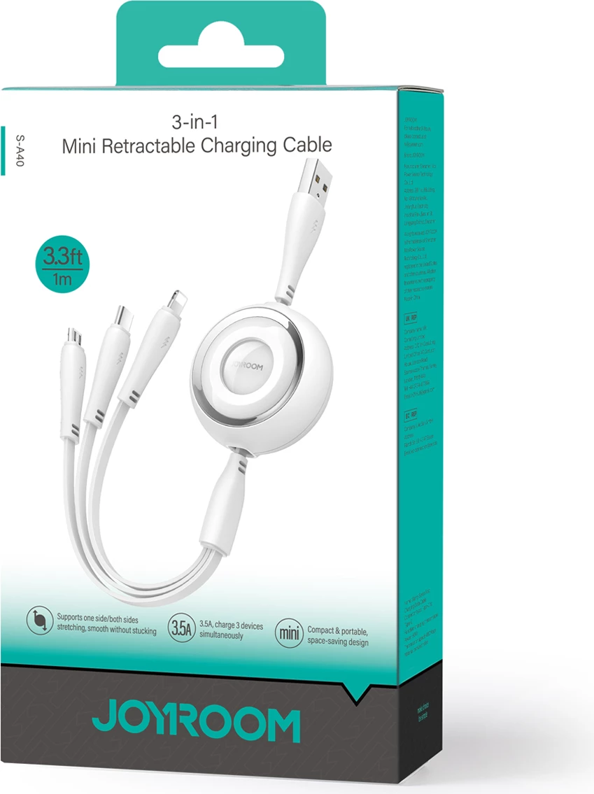 Kabllo karikimi 3-në-1 Joyroom S-A40, 1m, USB-A në USB-C / Lightning / microUSB, Bardhë