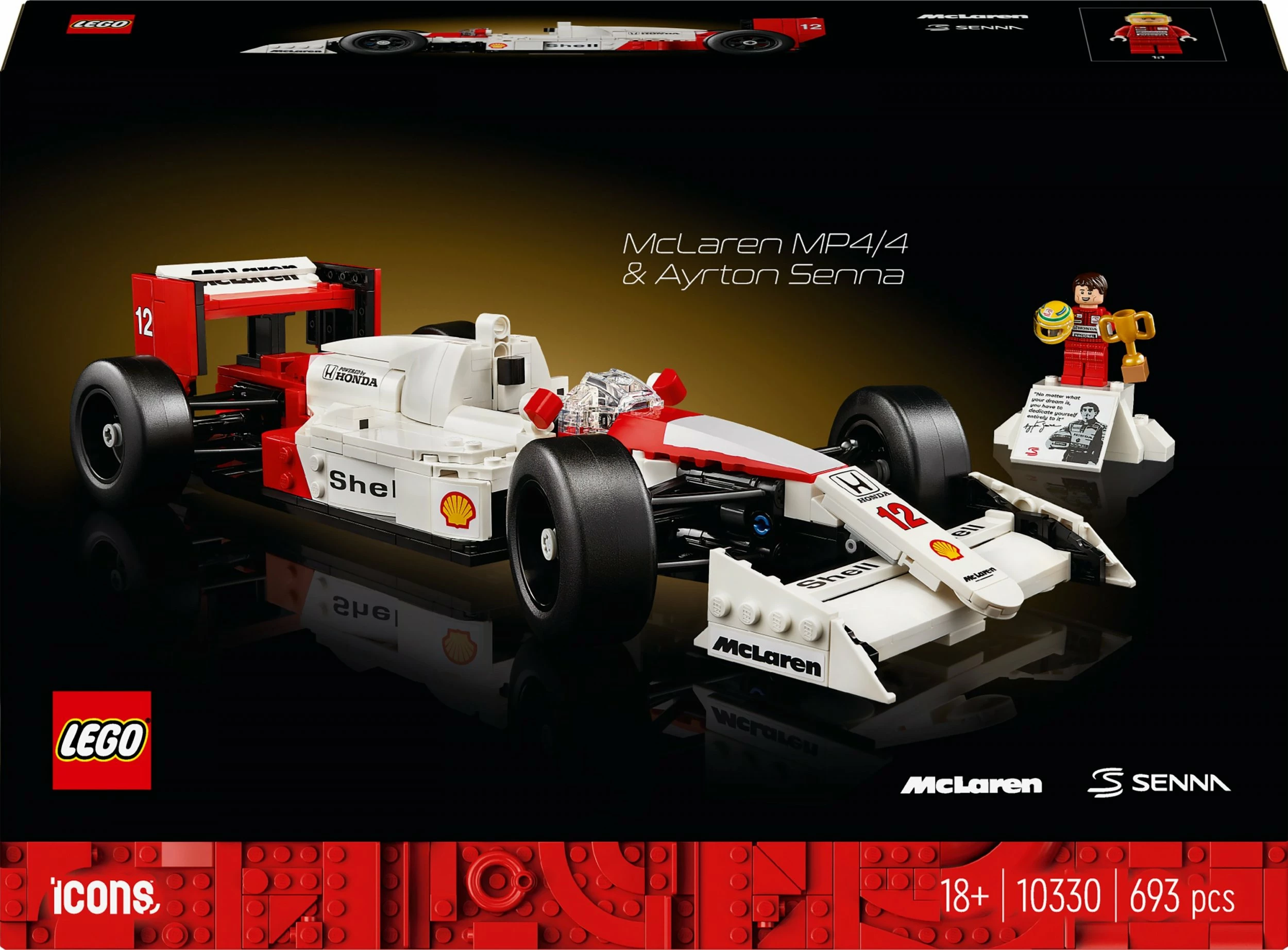 Set ndërtimi LEGO Icons McLaren MP4/4 & Ayrton Senna 10330, 693 pjesë, 18+, bardhë/kuqe