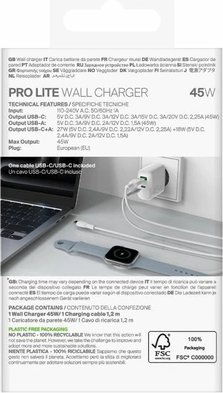 Karikues telefoni Puro Daily Prolite 45W me USB-C/USB-A, i bardhë me kabllo USB-C