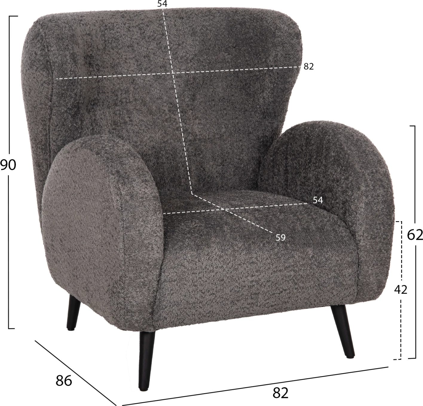 Karrige KRYLY FH9593.01, pëlhurë boucle gri, këmbë druri të zeza, 83x87x89H cm