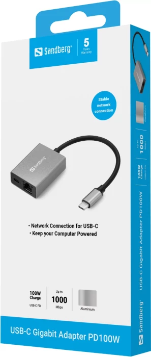 Adapter rrjeti USB-C në Gigabit Ethernet Sandberg 136-60, PD 100W, RJ45 10/100/1000 Mbps, argjendtë