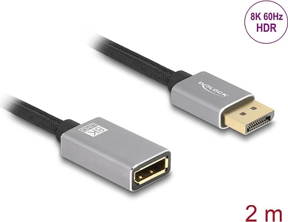 Kabllo zgjatëse DisplayPort DeLOCK 2 m, DP mashkull në DP femër, 8K 60Hz, HDR, gri/zi