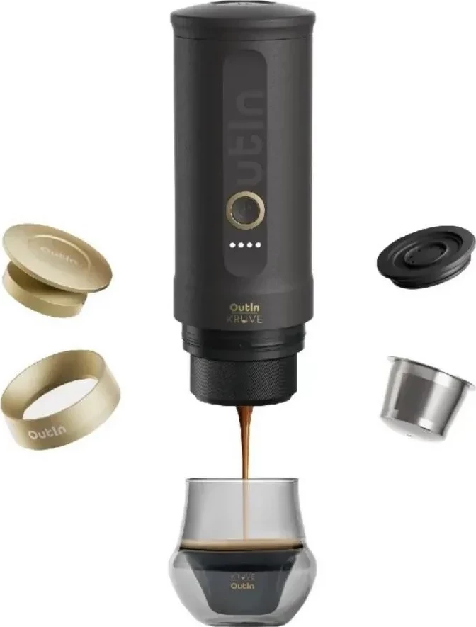 Aparat kafeje portabel OutIn Nano OTST-KRUVE, kapsula Nespresso/miell, wireless, set me gota Kruve, ngjyrë zi/ari