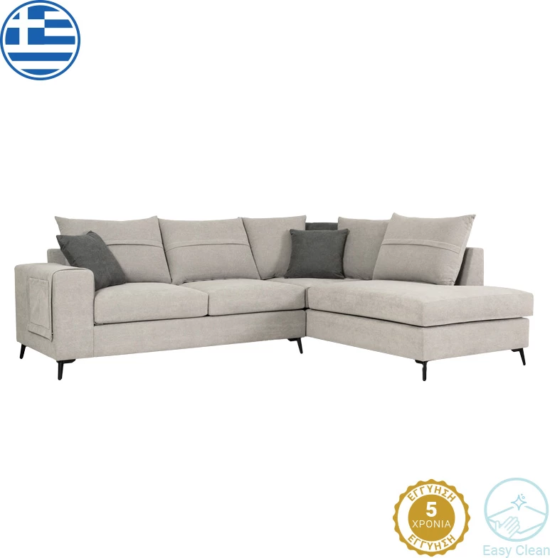 Kënd divani Montana, pëlhurë gri e lehtë, jastëkë gri, 275x215x93cm