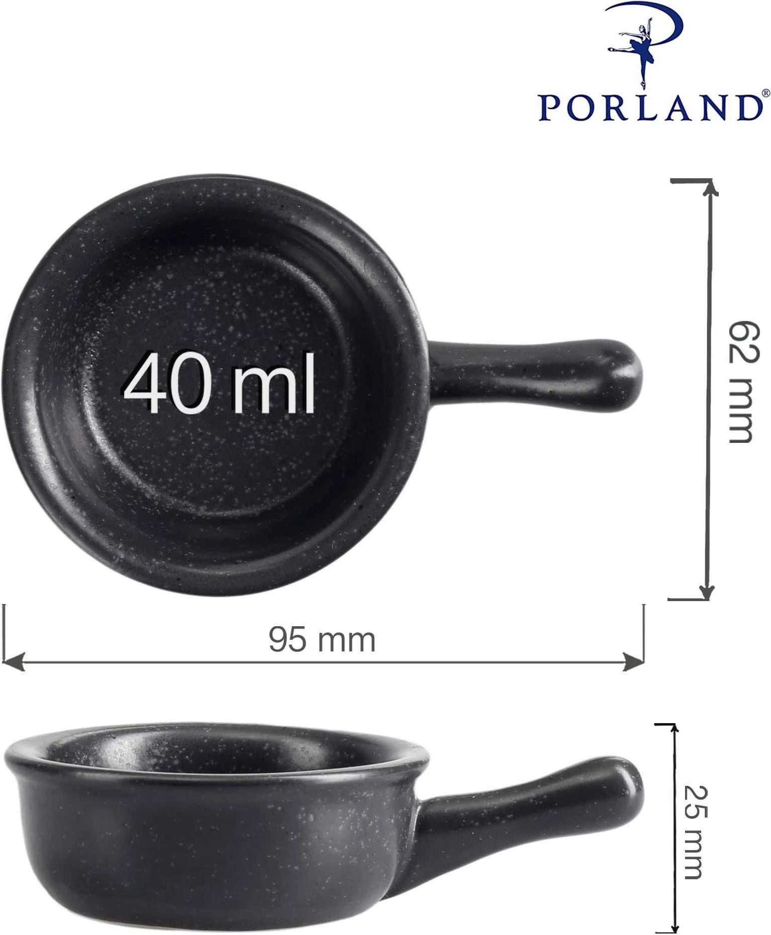 Mini pjatë me dorezë Porland Seasons Coal 60 mm 40 ml, e zezë, set 6 copë