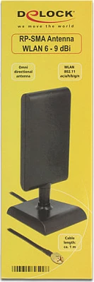 Antenë Wi‑Fi DeLOCK 89590, RP‑SMA, 6 dBi 2.4 GHz / 9 dBi 5 GHz, e zezë