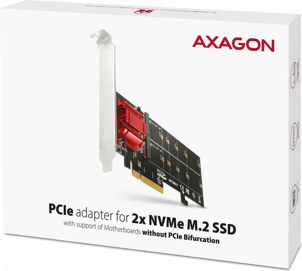 Kontroller PCIe AXAGON PCEM2-ND, 2x M.2 NVMe, RAID, për pllakë amë pa bifurcation, me mbulesë standarde dhe low profile