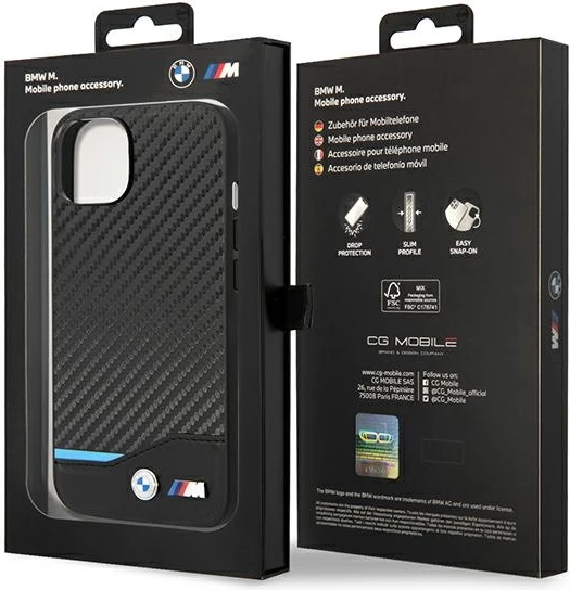 Mbështjellës BMW Leather Carbon për iPhone 14 6.1", i zi