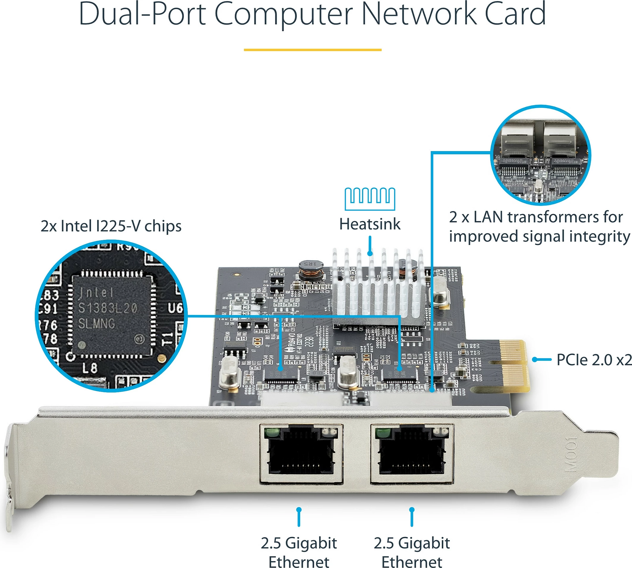 Kartelë rrjeti PCIe StarTech 2-Port 2.5Gbps, Intel I225-V, NBASE-T, 2x RJ-45, e zezë