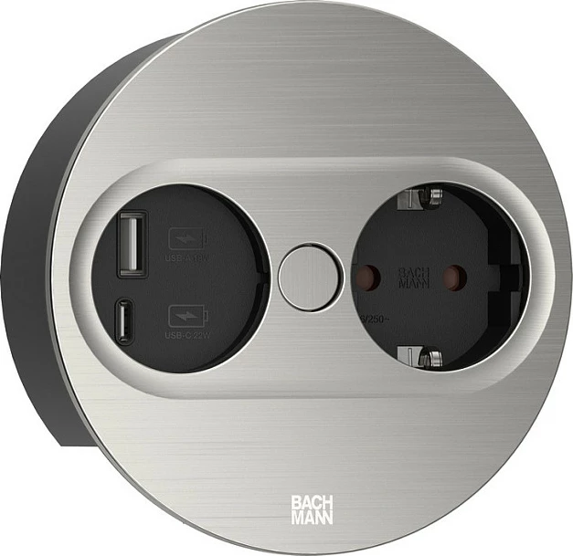 Prizë tavoline Bachmann TWIST 2, 1x Schuko + USB-A/USB-C 22W, kabllo 2m, inox